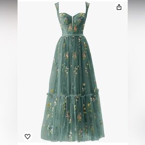Women's GREEN Flower Embroidery Tulle Dress Corset Long Fairy Ruched